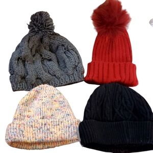 Winter Hats Lot of 4, Red Black Gray, Multicolor cream specs. One size Knits